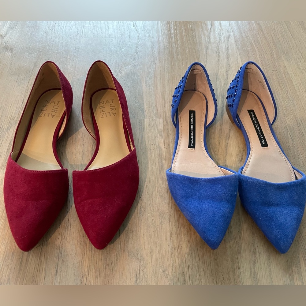 2 Pair Bundle of Pointy Flats French Connection Blue Flats & Naturalizer Red
